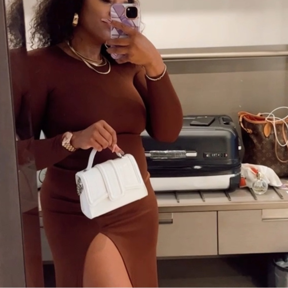 Zara Dress Long Sleeve Fitted Bodycon Slit Crewneck Backless Brown Medium